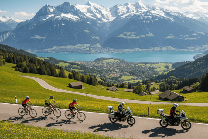 Radfahrer und Motorradfahrer auf einer Panoramastrasse über dem Thunersee mit Blick auf Interlaken und die Alpen – ein Angebot des Carlton-Europe Vintage Adults Only Hotels.
